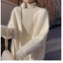 High quality women's mink cashmere cardigan sweater coat Korean autumn fashion V-neck knitted mohair thick loose sweater coat